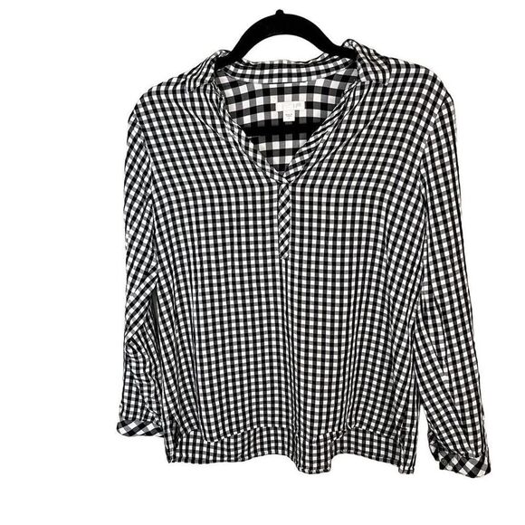 J. Jill Buffalo Plaid Black White Blouse Small - Picture 1 of 7